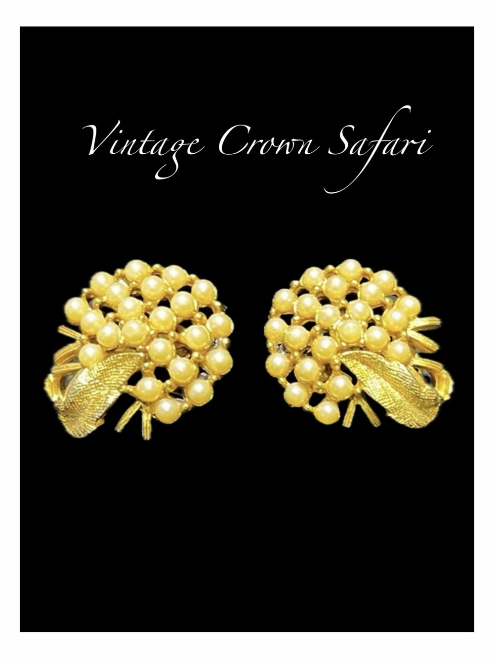 Vintage Crown Trifari Leaf Design clip on earrings with faux pearls, NWT